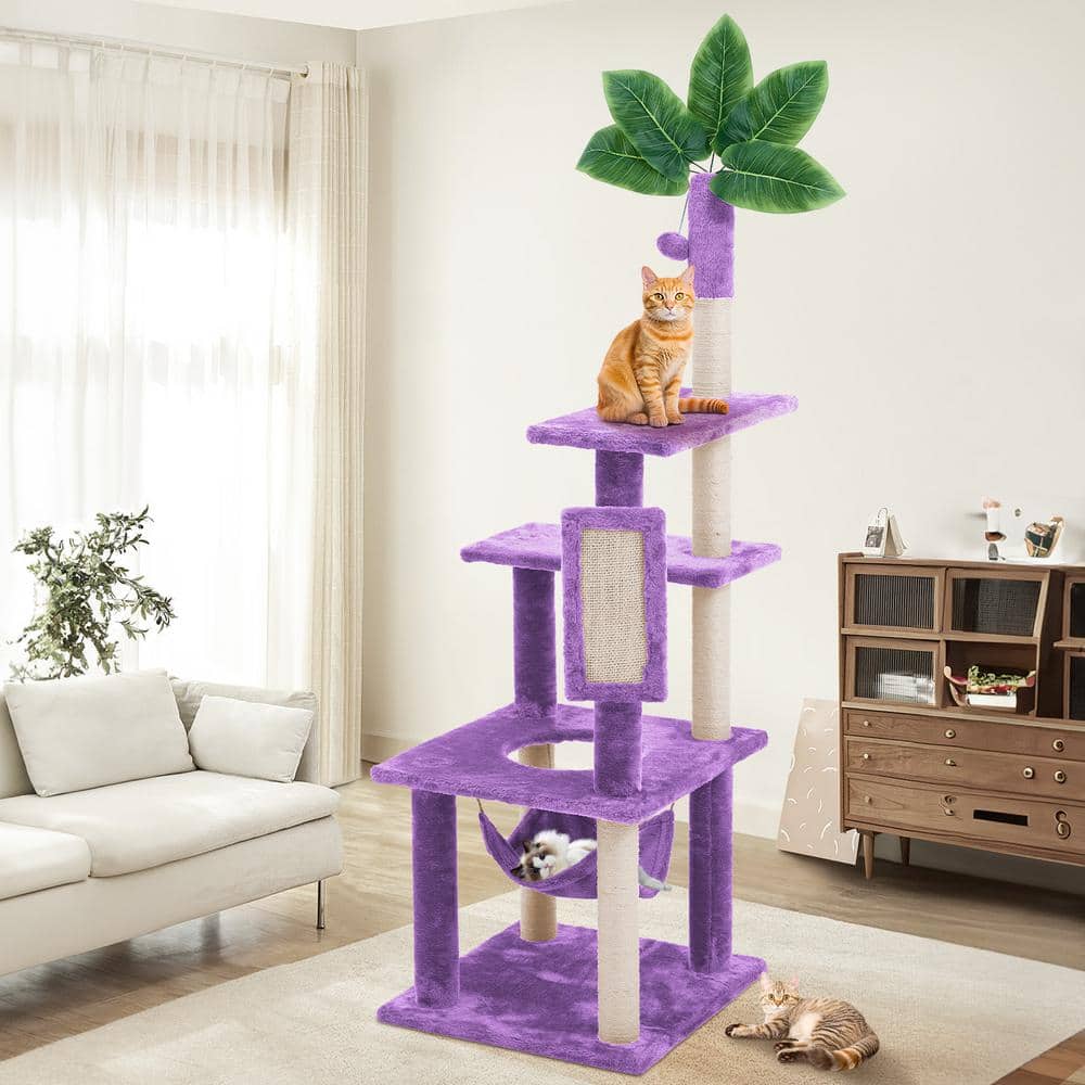 Purple Modern Cat Tree Pet Tower with Scraching Ramp, Hanging Ball
