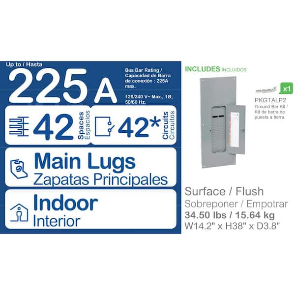 QO 225 Amp 42-Space 42-Circuit Indoor Main Lug Plug-On Neutral Load Center with Cover, Ground Bar