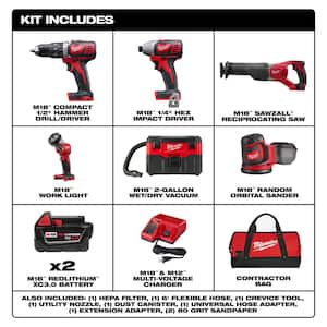 M18 18V Lithium-Ion Cordless Combo Kit with Two 3.0Ah Batteries, 1-Charger (4-Tool) w/2 Gal. Wet/Dry Vac & Sander