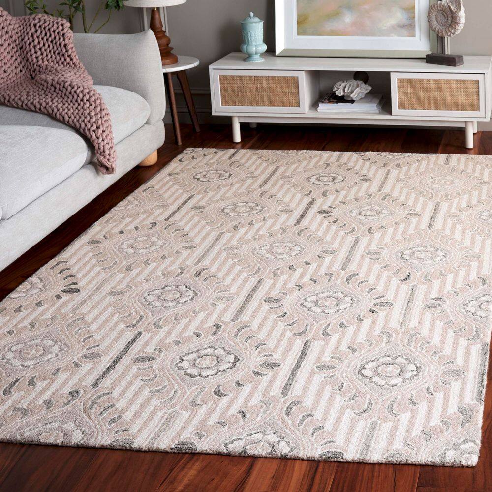 Beige and Ivory Floral Handmade Wool Cotton 8' x 10' Rug