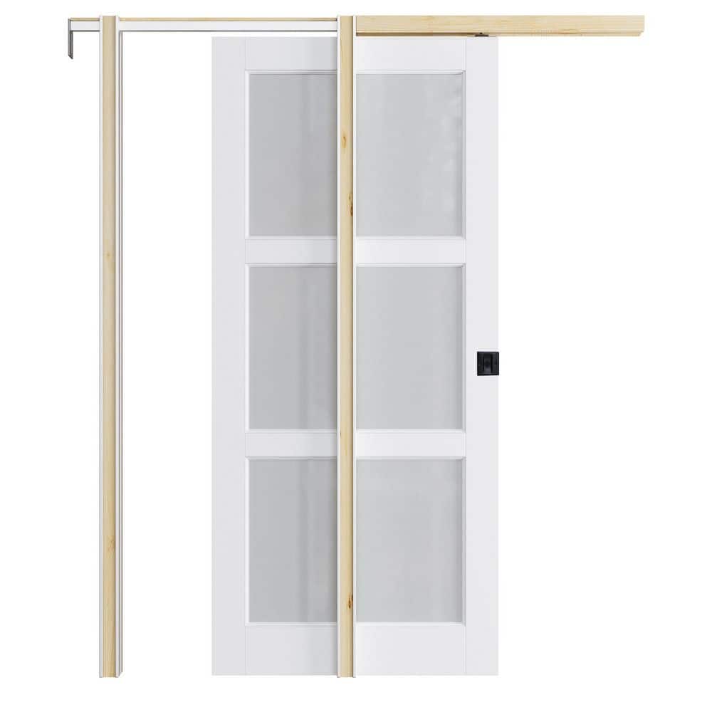 36 in. x 80 in. 3-Lite Frosted Glass White Primed Wood Pocket Door with Hardware (Soft Close and Black Lock Included) price history on PriceWatchPro