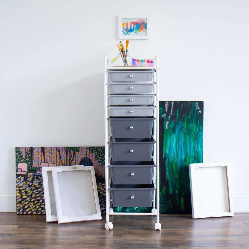 White and Gray Metal 8-Drawer Rolling Storage Cart