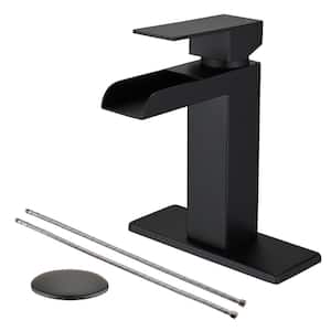 Single-Handle Single Waterfall Spout Hole Bathroom Faucet with Deckplate and Drain Kit Included in Matte Black