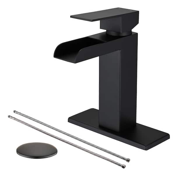 YASINU Single-Handle Single Waterfall Spout Hole Bathroom Faucet with Deckplate and Drain Kit Included in Matte Black