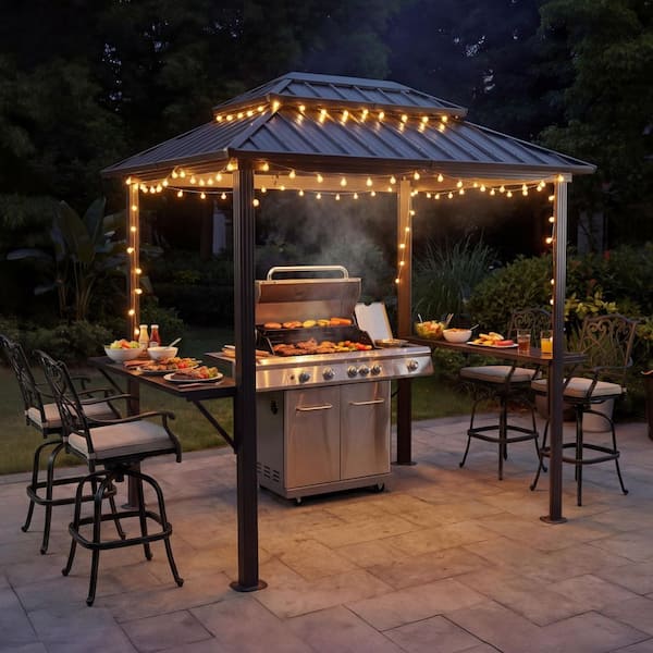 8 ft. x 6 ft. Outdoor Brown Double Canopy Hardtop Roof Aluminum Frame Gazebo with Shelves Serving Tables, for Patio BBQ