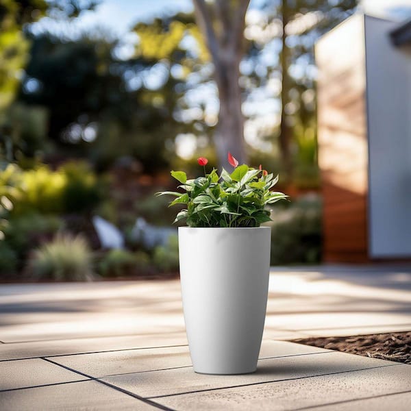 17 in. Medium Crisp White Concrete Round Planter / Pot with Drainage Holes