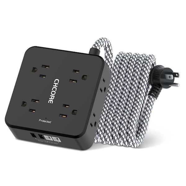 8-Outlet Power Strip Surge Protector with 4 USB Charging Ports, 10 ft. Braided Flat Plug Extension Cord, Black