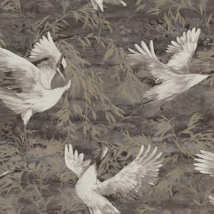 Sarus Crane Charcoal Textured Vinyl Non-Pasted Wallpaper (Covers 56 sq. ft.)