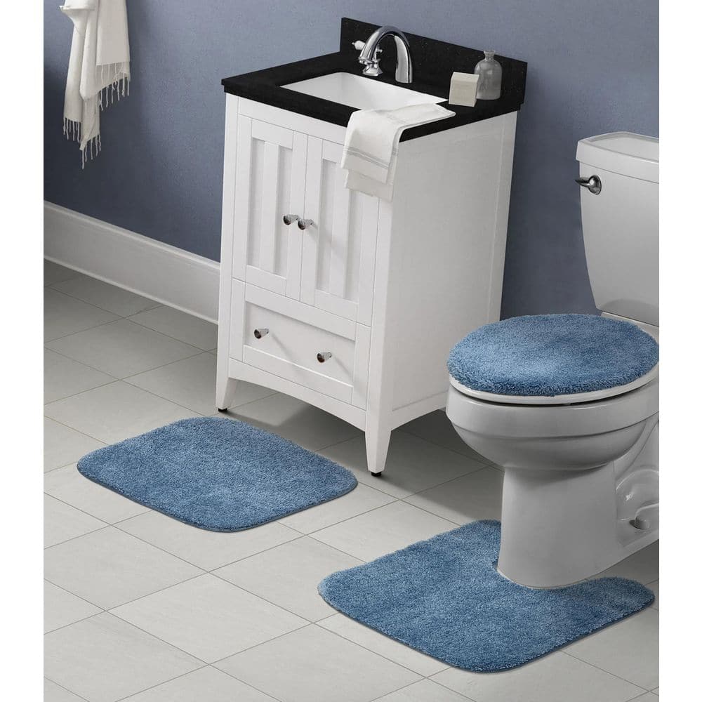 Traditional Basin Blue Nylon 3-Piece Bathroom Rug Set