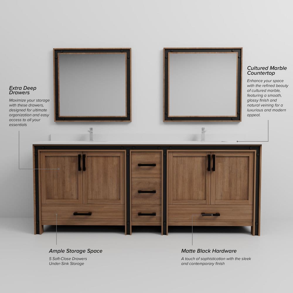 Ziva 84" Rustic Barnwood Double Freestanding Vanity Cabinet