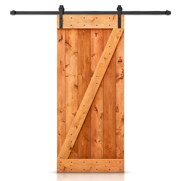 CALHOME 30 in. x 84 in. Distressed Z Series Red Walnut Solid DIY Knotty Pine Wood Interior Sliding Barn Door with Hardware Kit