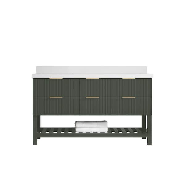 Willow Collections Catalina 60 in. Double Sink Freestanding Pewter Green Bath Vanity with White Qt. Top Unassembled
