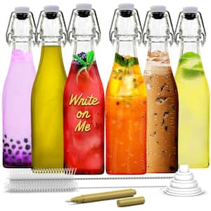 17 oz. Square Glass Bottles with Swing Top Stoppers, Bottle Brush, Funnel, and Glass Marker (Set of 6)