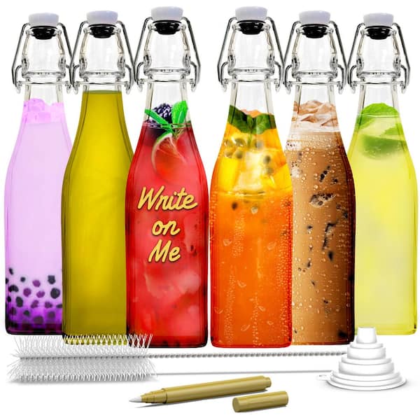 Nevlers 17 oz. Square Glass Bottles with Swing Top Stoppers, Bottle Brush, Funnel, and Glass Marker (Set of 6)