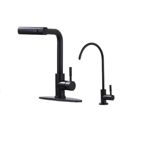 13.5 in. H Single Handle Pull Out Sprayer Kitchen Faucet w/360° Spout Swivel and Water Filter Faucet in Matte Black