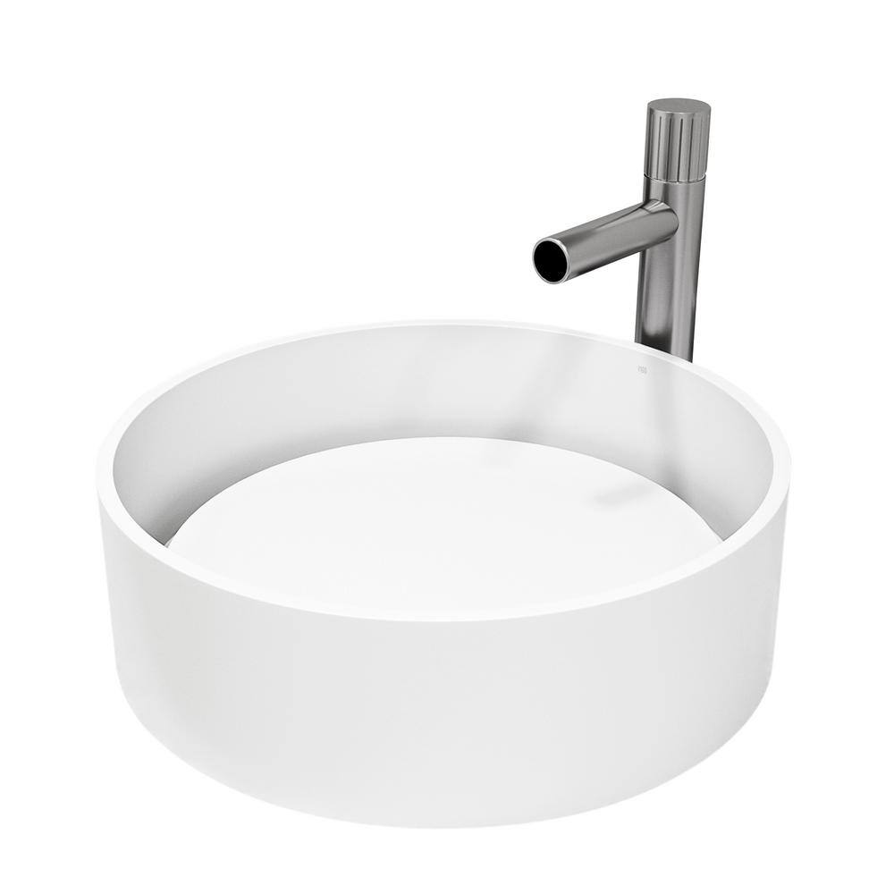 Serenity Stone 16" White Circular Above-Counter Vessel Sink with Brushed Nickel Faucet