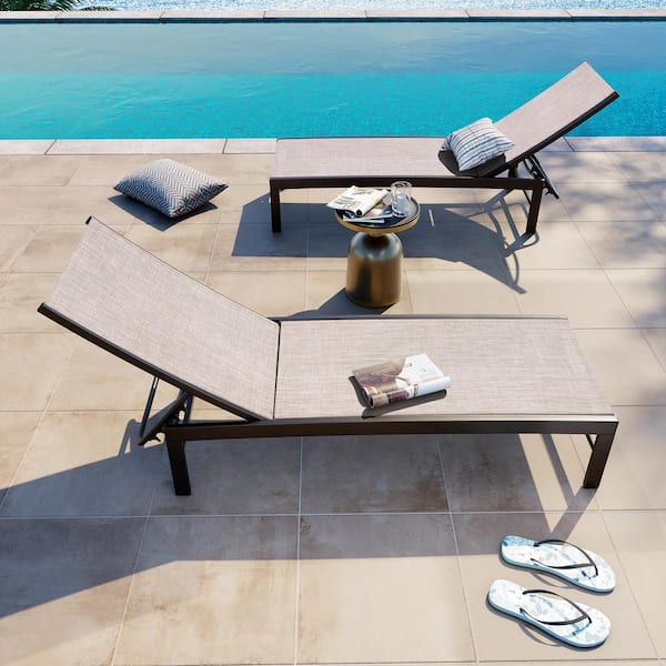2-Piece Aluminum Adjustable Outdoor Chaise Lounge in Beige