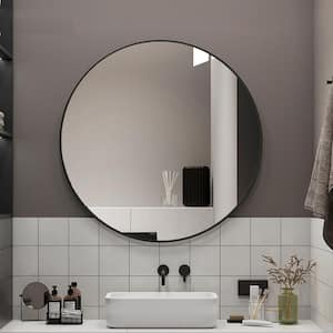 28 in. W x 28 in. H Small Round Metal Framed Wall Bathroom Vanity Mirror in Black