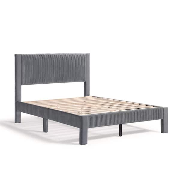 Roco Gray Wood Upholstered Velvet Frame Full Platform Bed With Slat Kit