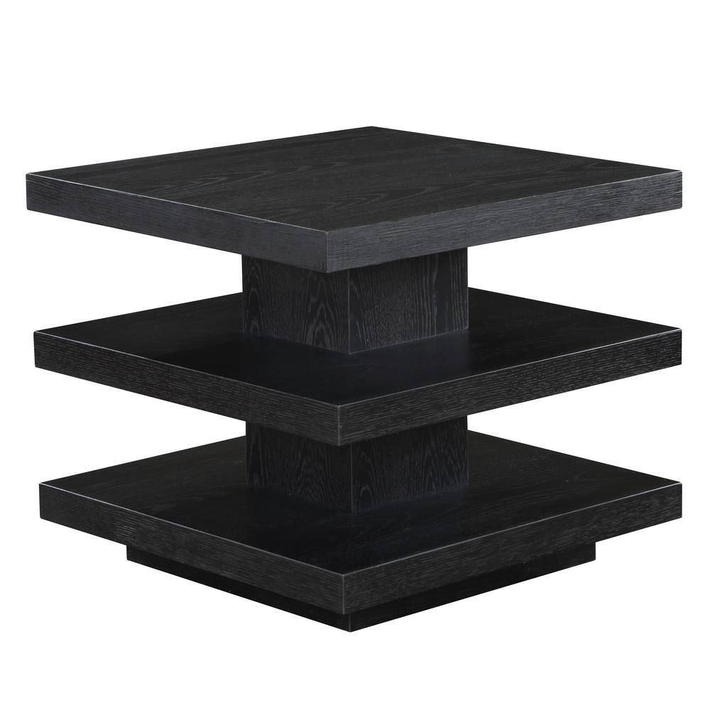 Black Square Pedestal End Table with Oak Veneers