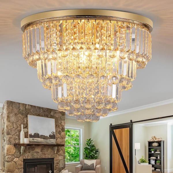19.7 in. 6-Light Modern Glam Gold Round 3-Tier Flush Mount Ceiling Light with Crystal