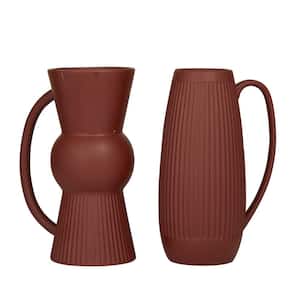 Red Ribbed Ceramic Decorative Vase with Handles (Set of 2)