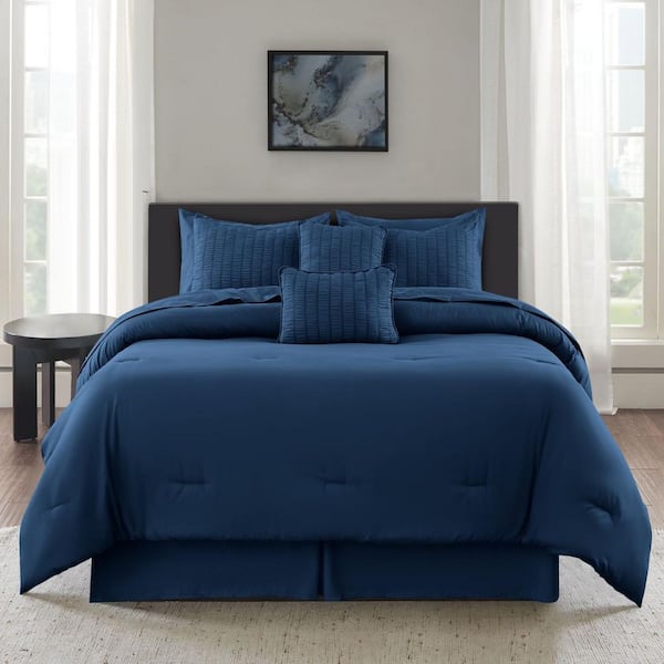 LDC LUX DECOR COLLECTION 10-Piece Navy Solid Color Microfiber King Bed in a Bag