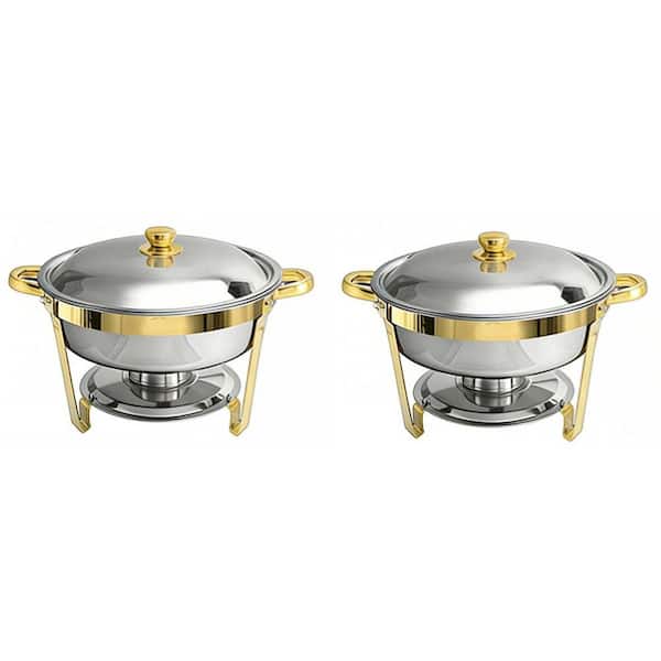 2 Piece Stainless Steel Cookware Set with Lids in Silver And Gold, Round Buffet Catering Dish Chafing Dishes Buffet Set