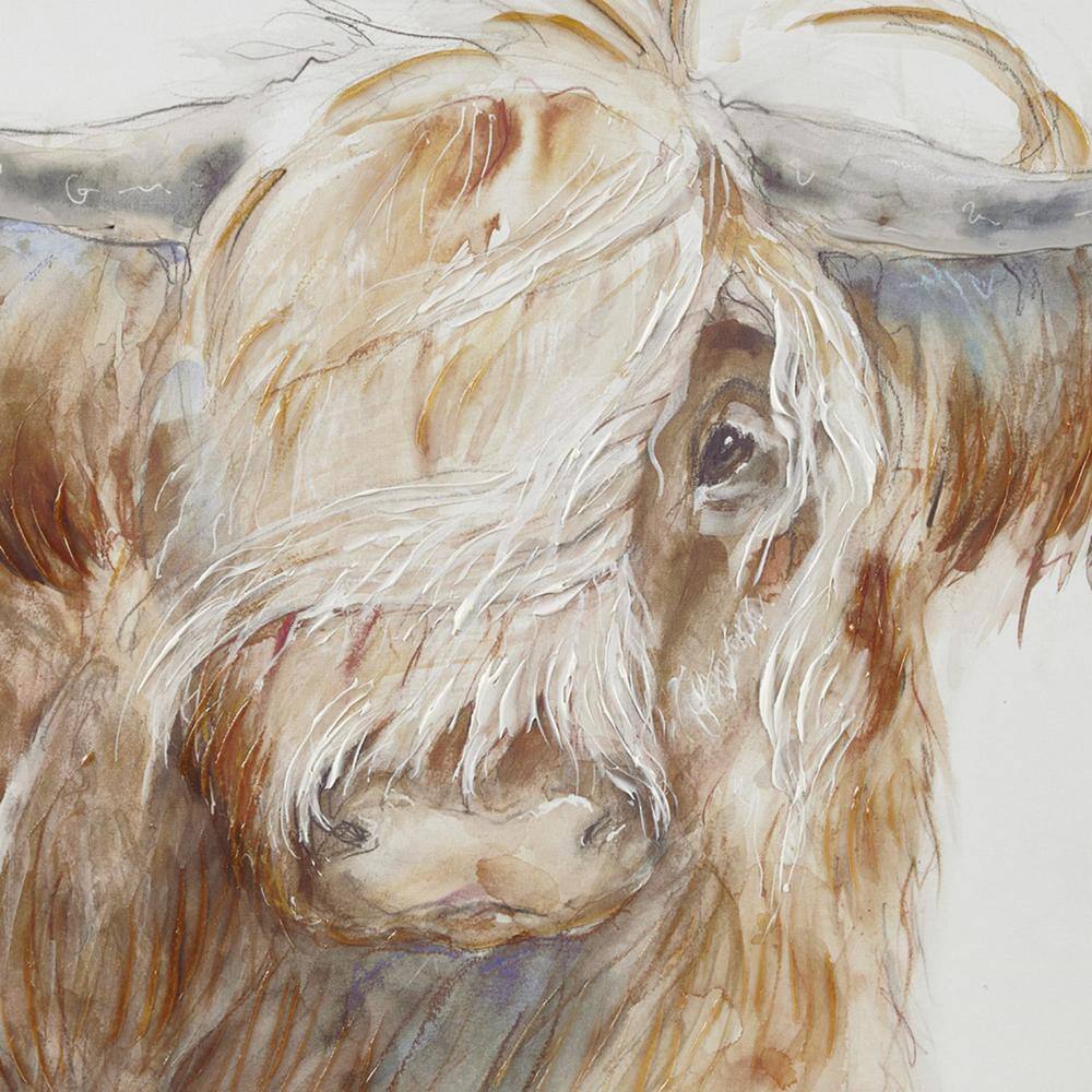Hand Embellished Highland Bull Canvas Wall Art in Brown and White
