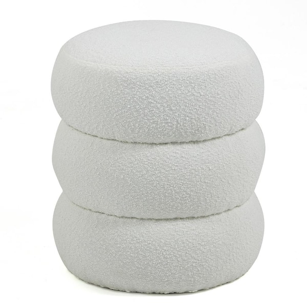 Glamour Home Azaria White Boucle Fabric Round Tufted Ottoman