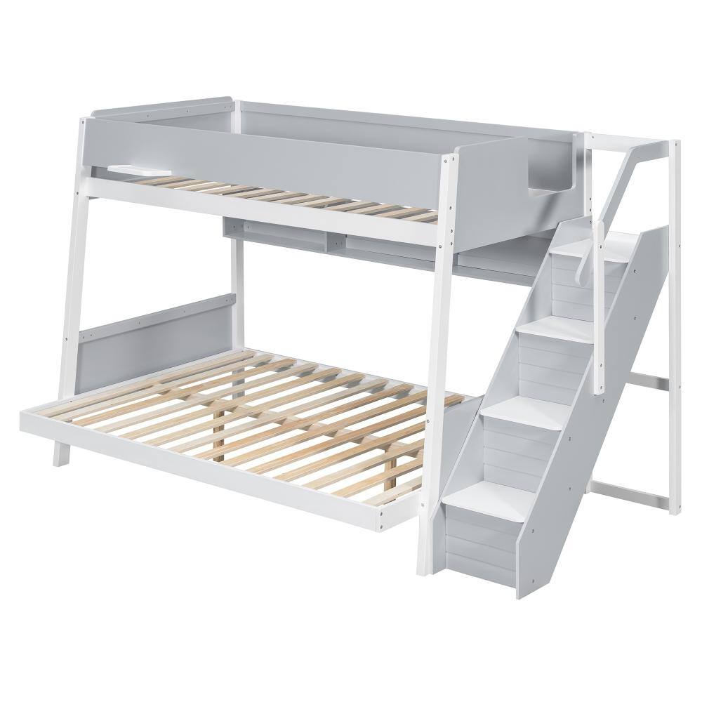 Gray Twin over Full Bunk Bed with Striped-Design Staircase and Side Shelves durable construction price history on PriceWatchPro