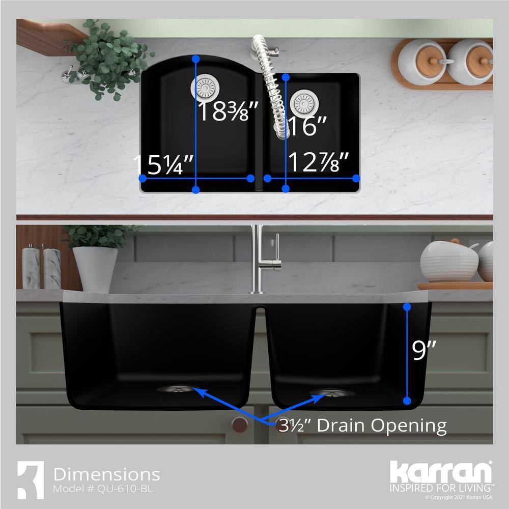 Black Quartz Composite 32'' x 21'' Double Bowl Undermount Kitchen Sink