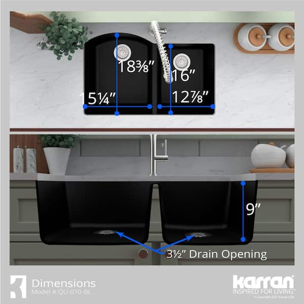 Karran 32 Undermount Quartz Composite Kitchen Sink, 60/40 Double Bowl, White, QU-610-WH-PK1