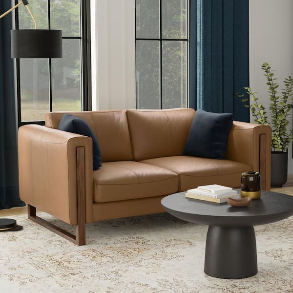 Richard 63 in. Straight Arm Leather Rectangle Loveseat Sofa in Butternut Brown