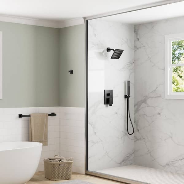 6 in. 2-Spray Square High Pressure Wall Bar Shower Kit with Hand Shower 2.5 GPM in Matte Black (Valve Included)