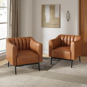 Curtis Camel Industrial Leather 30 in. Wide Chair with Channel Tufting and Metal Leg (Set of 2)