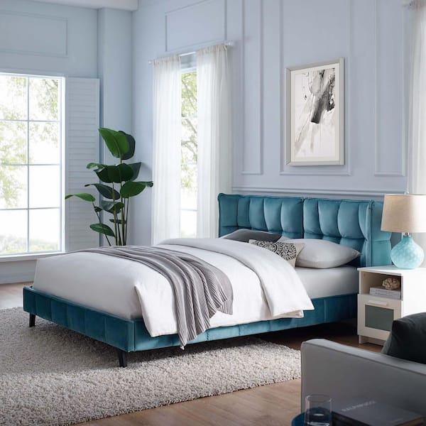 MODWAY Makenna Blue Wood Frame Queen Platform Bed with Upholstered Velvet