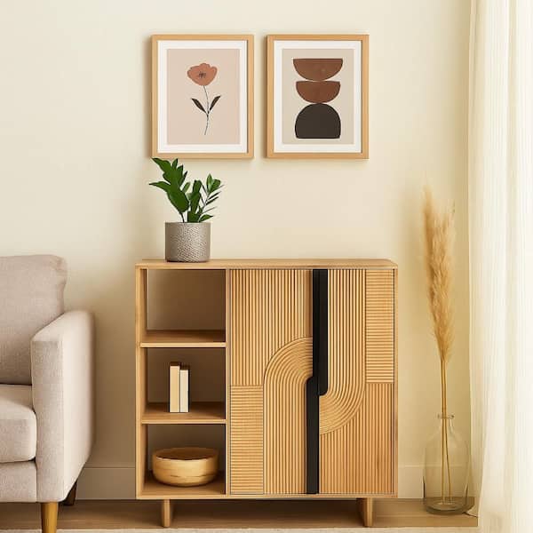Ebie Natural Brown and Black Wood Sideboard Buffet Console with 2 Fluted Doors and 5 Shelves