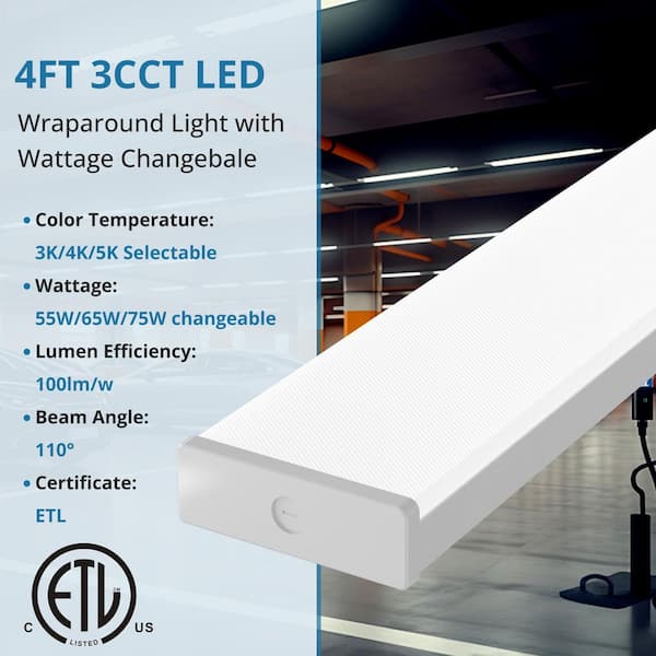 4 ft. Integrated LED 5500/6500/7500 Lumens Dimmable White Wraparound Light, 3000K/4000K/5000K (4-Pack)