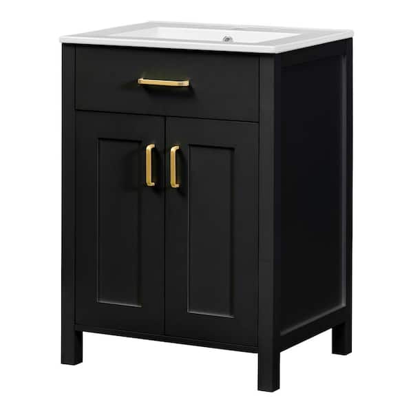 24.2 in. W x 18.5 in. D x 34 in. H Freestanding Bath Vanity in Black with White Ceramic Top
