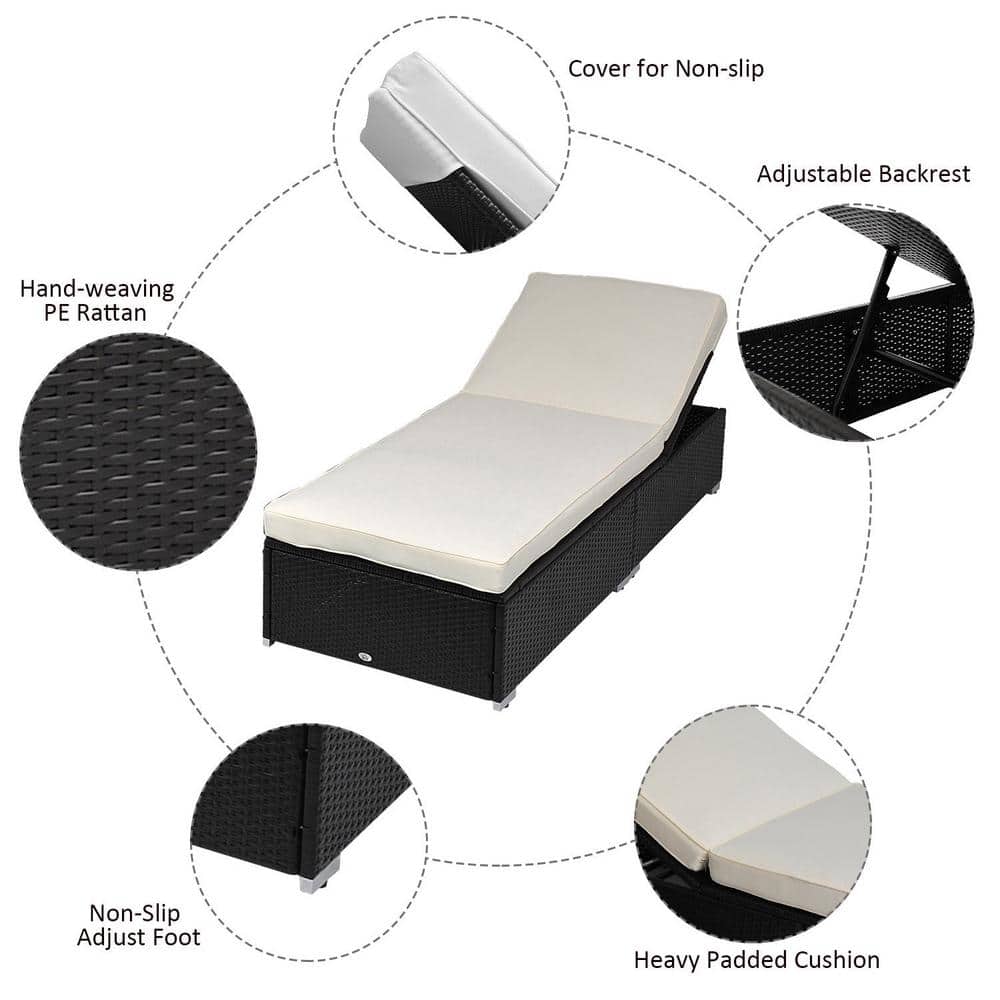 Cream White Cushioned Rattan Outdoor Chaise Lounge Set with Table