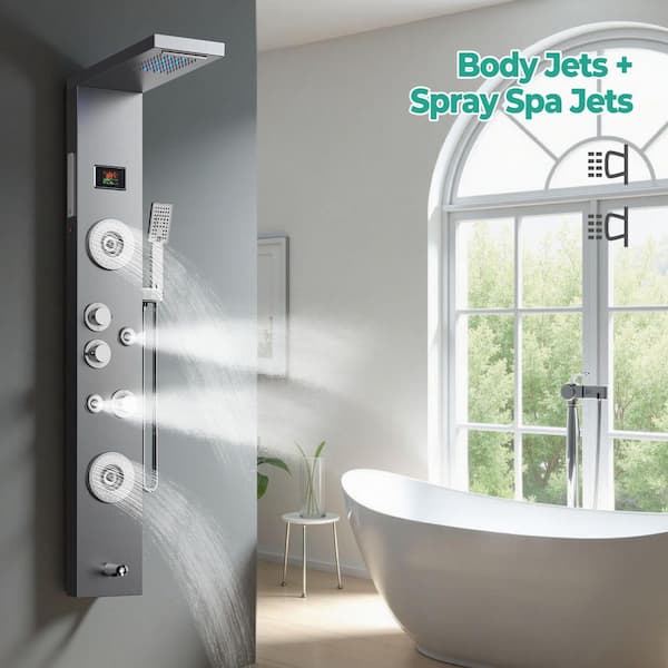 55 in. 6-Jet LED Shower Panel System /Rainfall and Waterfall Modes and Massage Modes Handheld Shower in Brushed Nickel