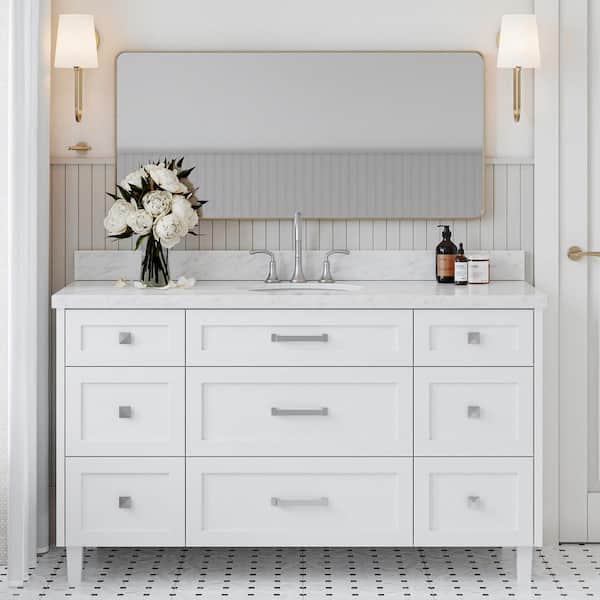 ARIEL Monroe 61 in. W x 22 in. D x 36 in. H Freestanding Bath Vanity in in White with Italian Carrara Marble Vanity Top