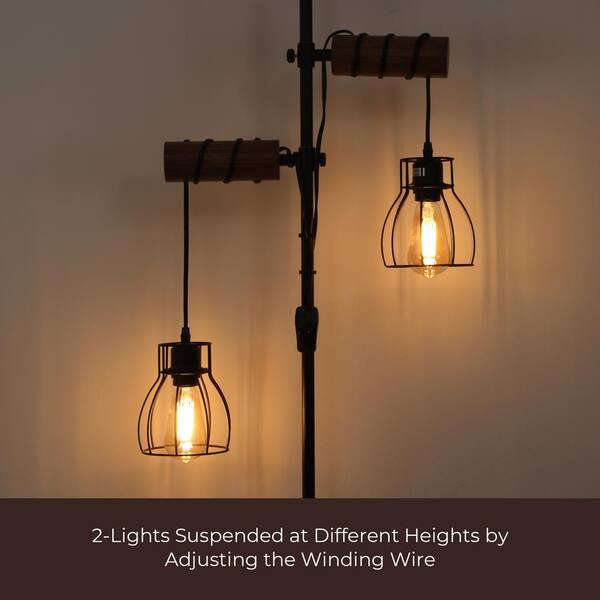 TOZING 65 in. Black Wood Retro 2-Light Standard Tree Floor