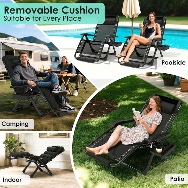 Reclining Patio Lounger Chair Steel Extra Wide Zero Gravity Chair with Cup Holder&Headrest&Removable Black Mattress
