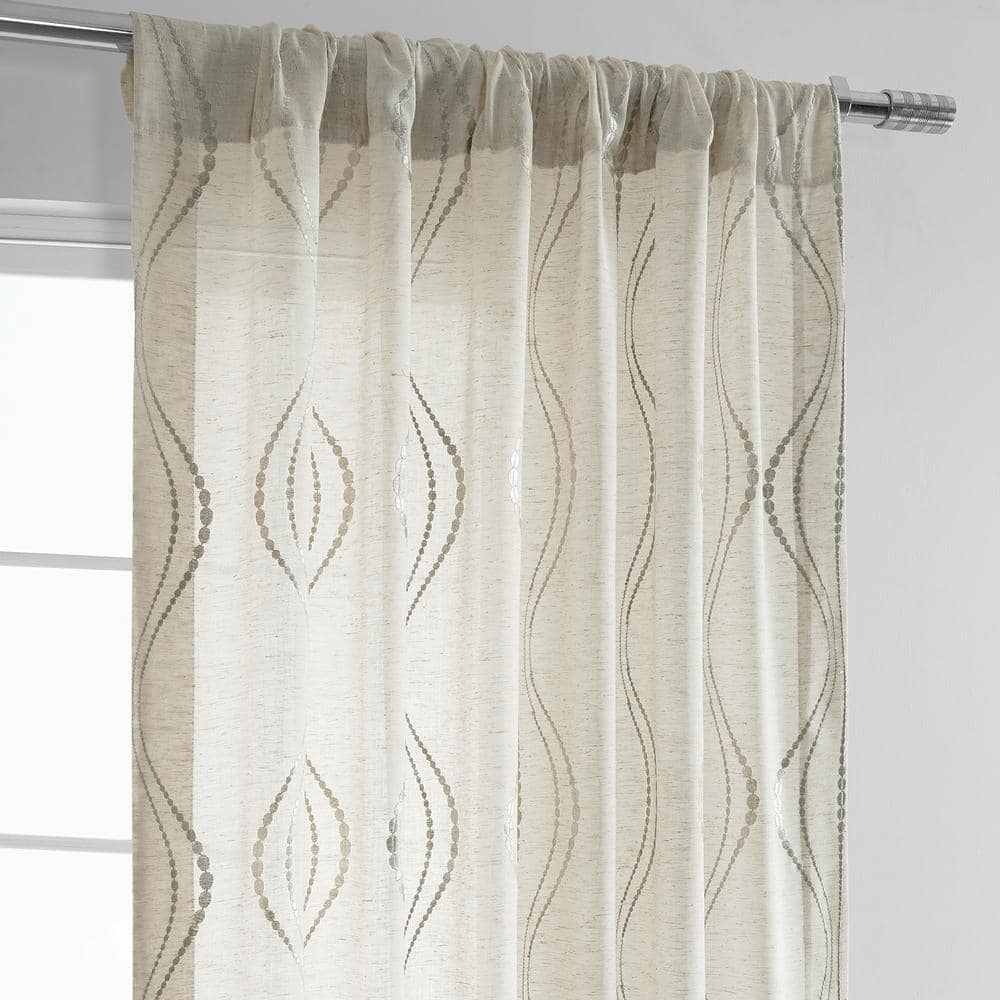 Suez Natural Embroidered Faux Linen Sheer Curtain Panel 50W x 84L