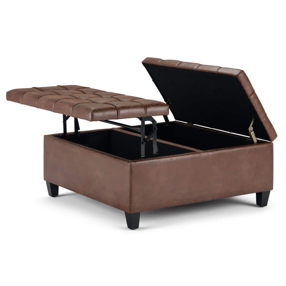 Harrison Distressed Umber Brown Faux Leather Tufted Cocktail Ottoman