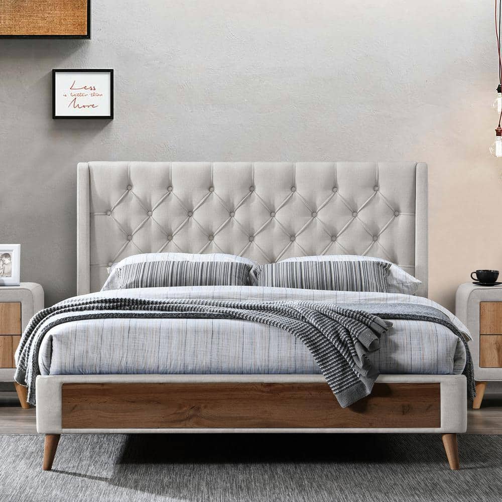 Glamour Home Arlo Beige Fabric King Upholstered Headboard Bed with Wings and Button Tufting