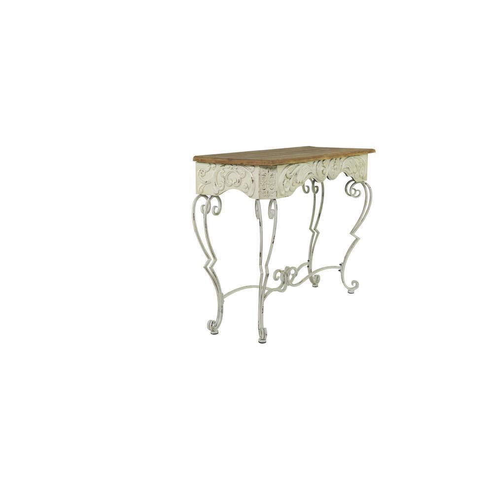 French Provincial White Metal Scroll Console Table with Fir Wood Top