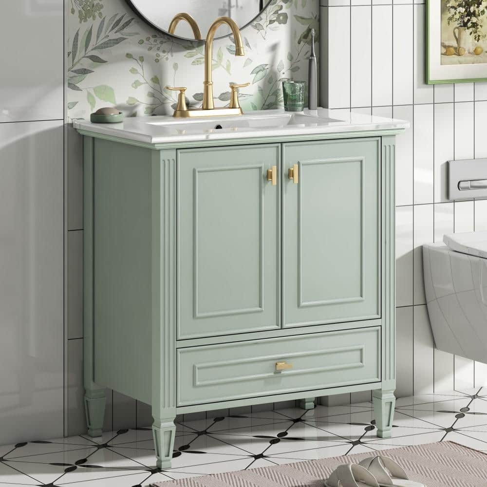 30 in.Single Sink Green Fluted Freestanding Bathroom Vanity with White Ceramic Top,2 Soft-Close Door,1 Drawer price history on PriceWatchPro